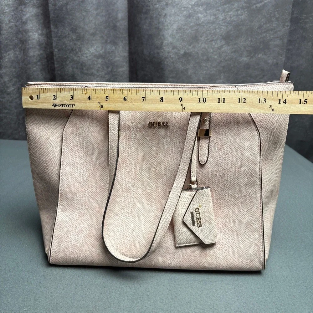 Guess Pink Snakeskin Embossed Tote Bag Zip Top Shoulder Handbag with Charm - Picture 6 of 16